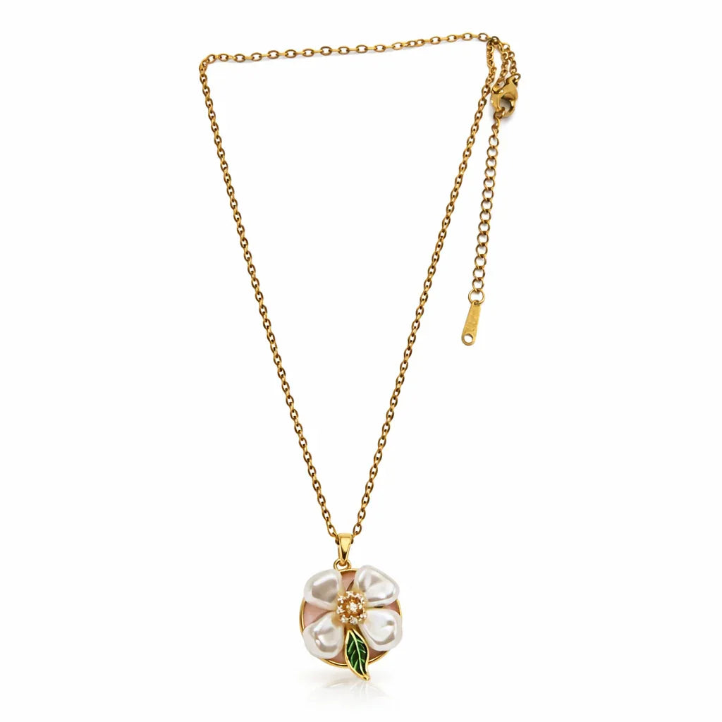 White pearl flower pendant necklace from Jinam pendant set, featuring a delicate floral design with shining pearls.