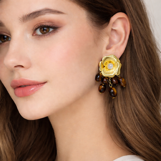 Floral Gold Statement Earrings with Tiger Eye Drops