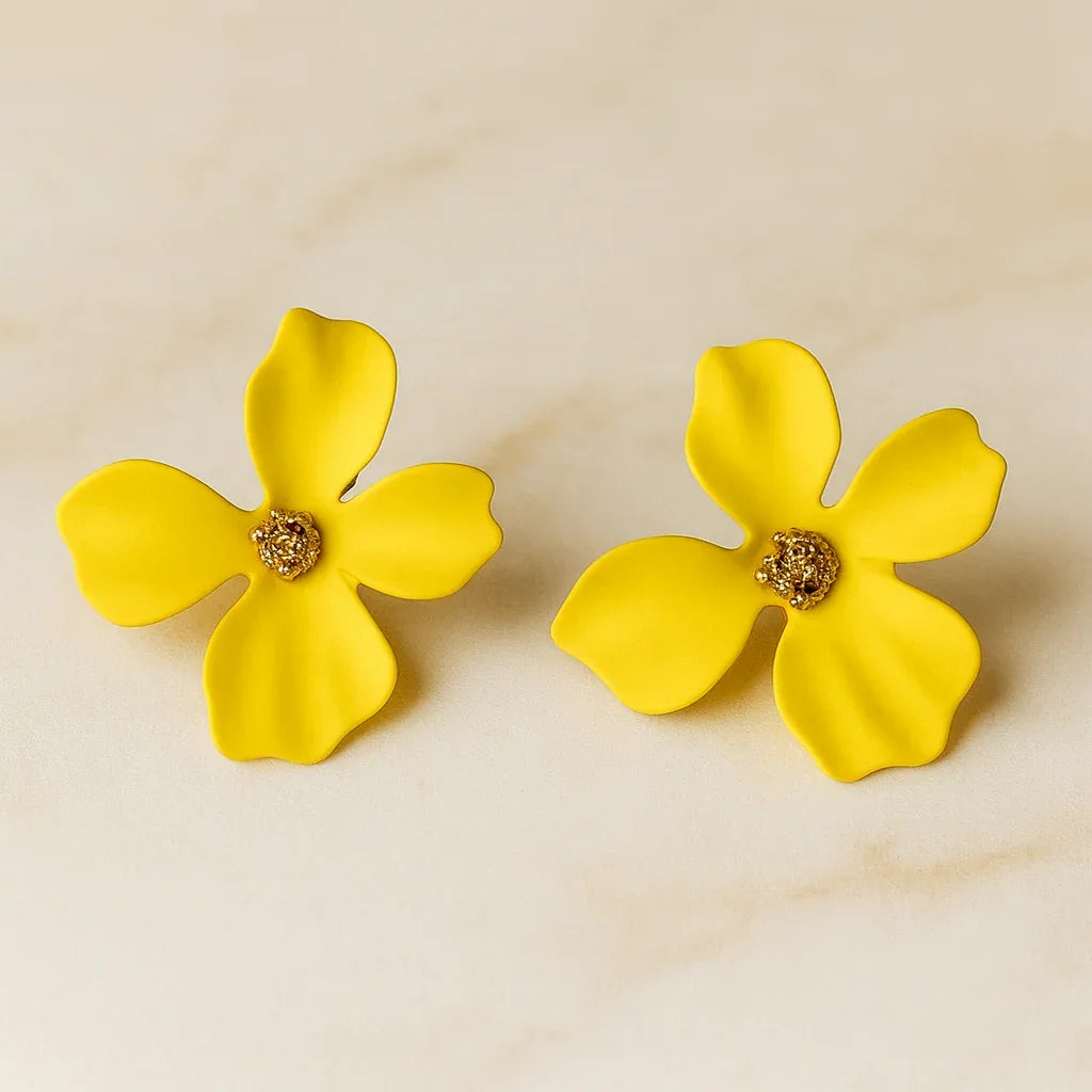 Bright yellow matte floral statement earrings by Jinam featuring bold, colorful flower-shaped jewelry with a matte finish.
