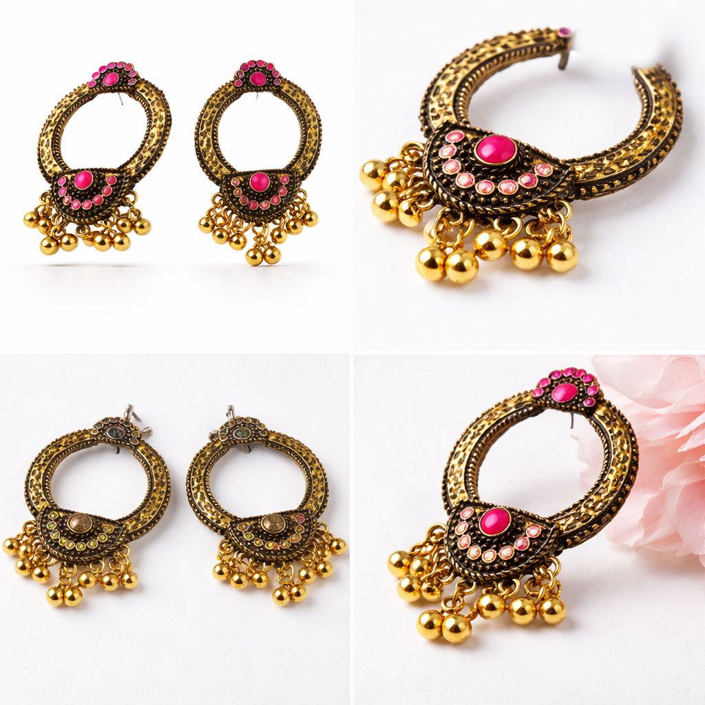 Antique Gold Open Hoop Earrings with Pink Stones & Ghungroo Drops