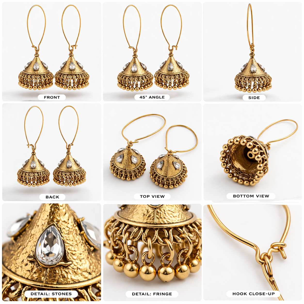 Antique Gold Jhumka Hoop Earrings with Kundan Stones & Ghungroo Drops