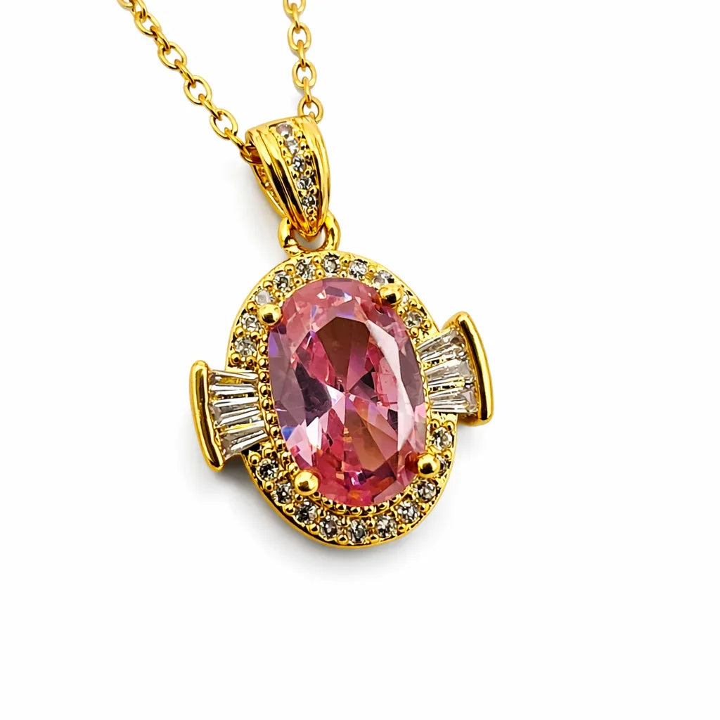 Blush Pink Oval Crystal Halo Chain Pendant