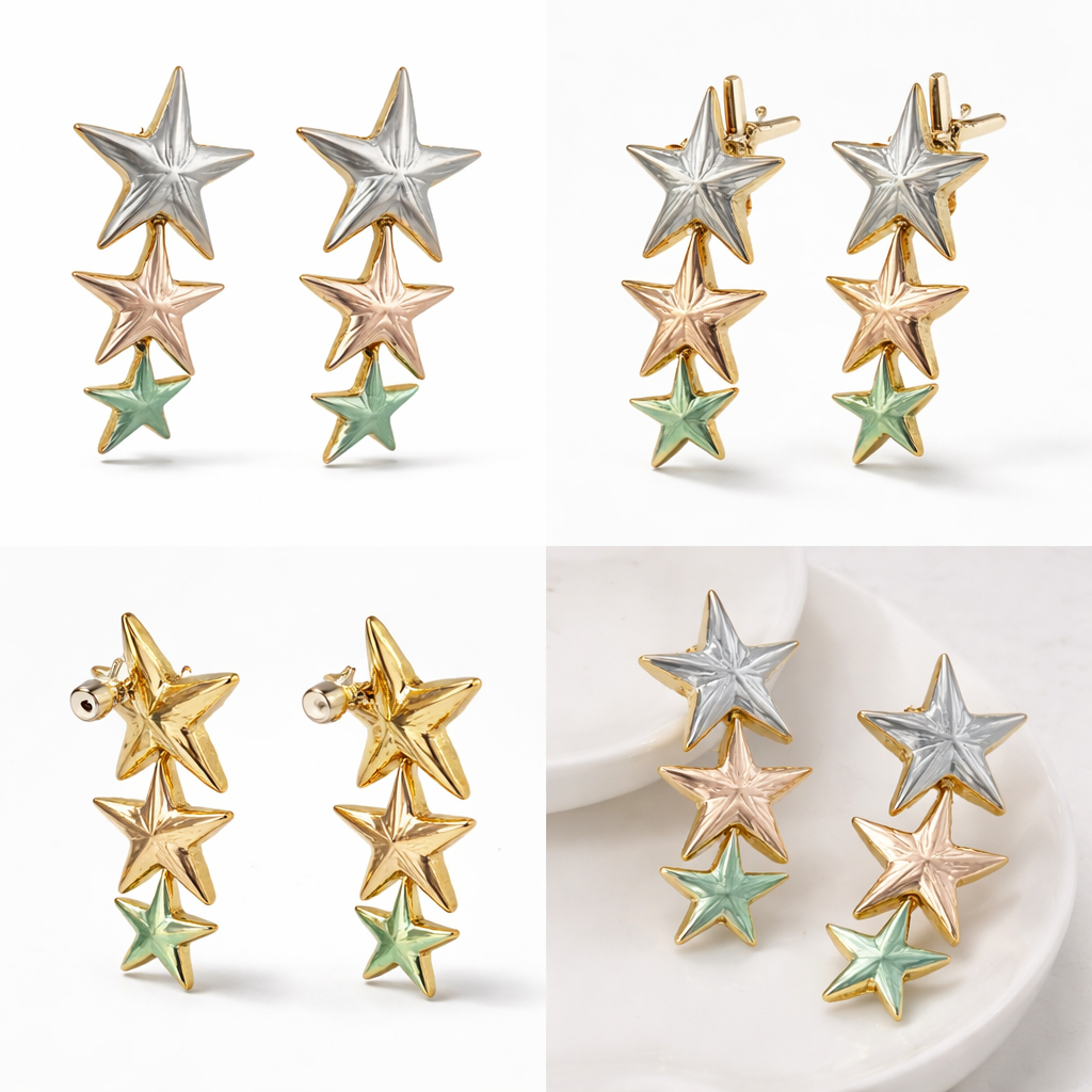 Tri-Tone Triple Star Cascade Drop Earrings in Silver, Rose Gold & Mint