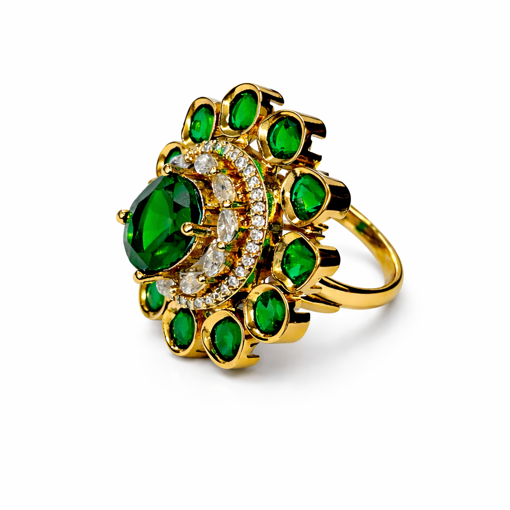 Emerald Blossom Polki Ring in Gold-Tone Finish