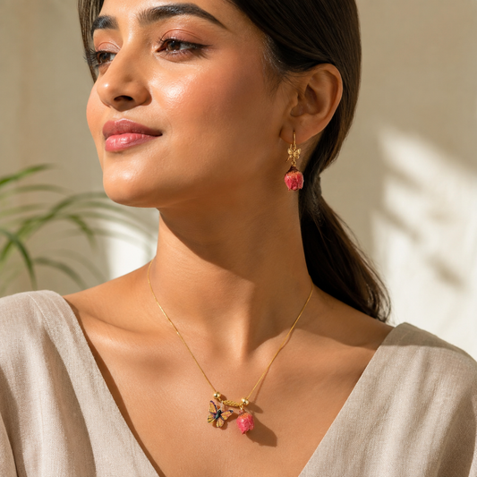 Rose Bud & Butterfly Jewellery Set – Necklace & Earrings