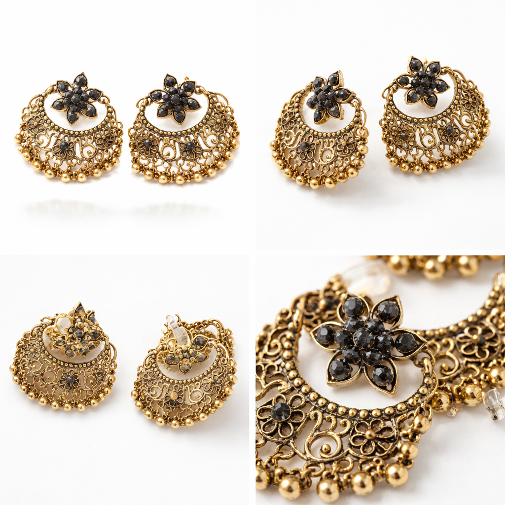 Antique Gold Black Crystal Floral Chandbali Earrings with Ghungroo Drops