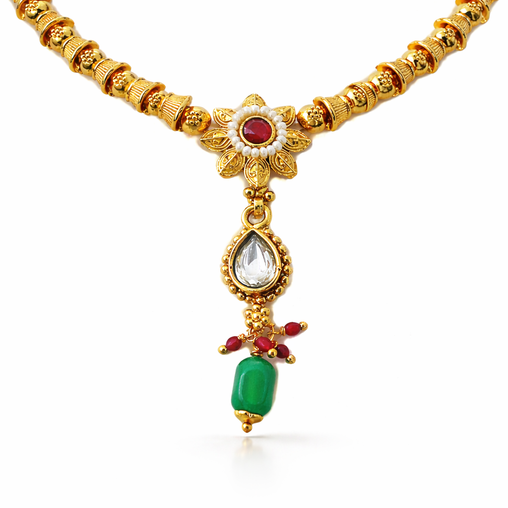 Jinam Floral Grace Ruby Emerald Necklace Set with intricate floral design, featuring ruby and emerald gemstones.