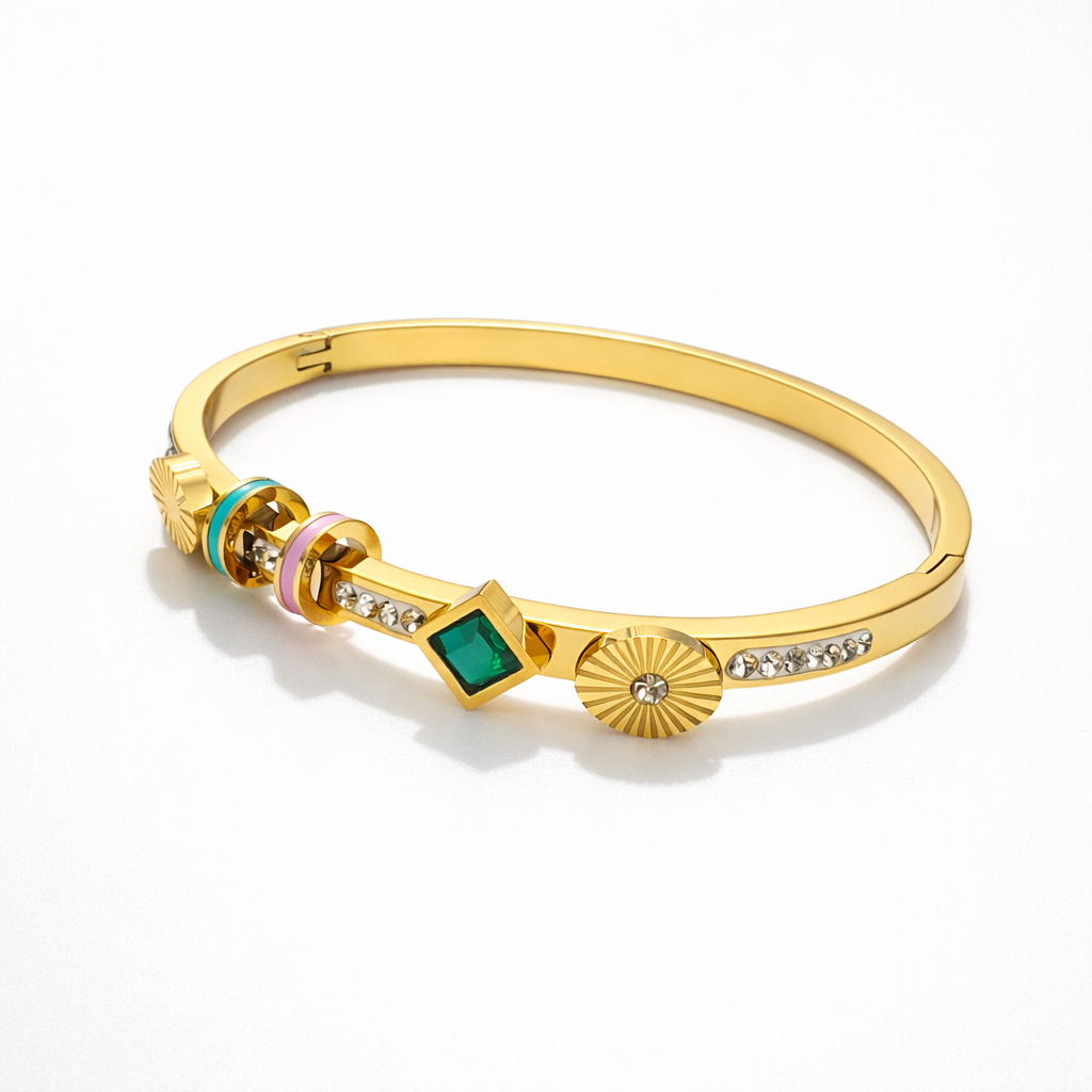 Elegant Gold-Tone Multi-Charm Bracelet with Green Stone & Enamel Accents | Anti-Tarnish