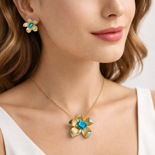 Ocean Blue Floral Gold Finish Pendant Set