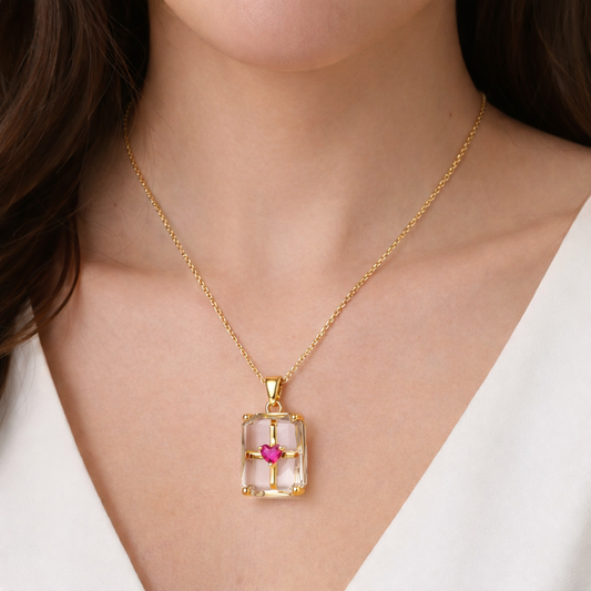 Crystal Cube Chain Pendant with Ruby Heart
