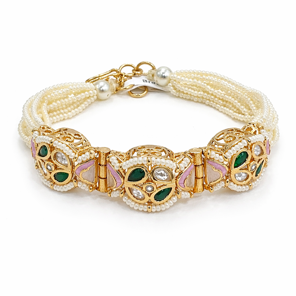 Royal Kundan Bracelet with Green Stones & Pearl Detailing
