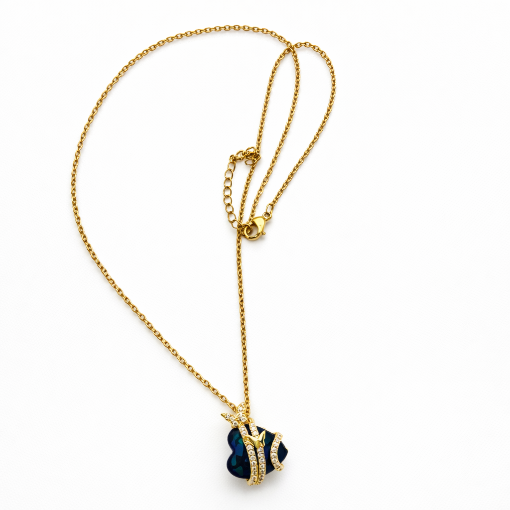Blue Heart Butterfly Pendant Necklace in Gold Finish