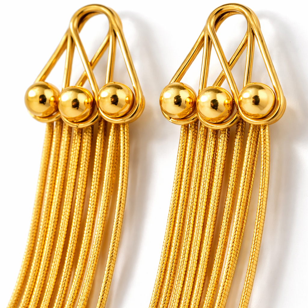 Gold Wire Geometric Triangle Tassel Fringe Earrings with Snake Chain Drops