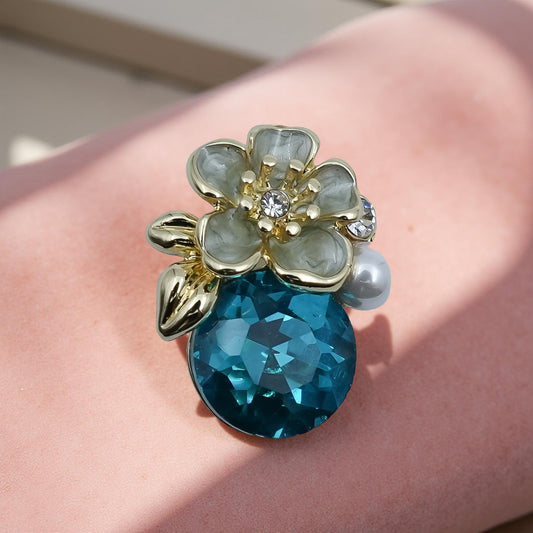 Blue Crystal Floral Stud Earrings