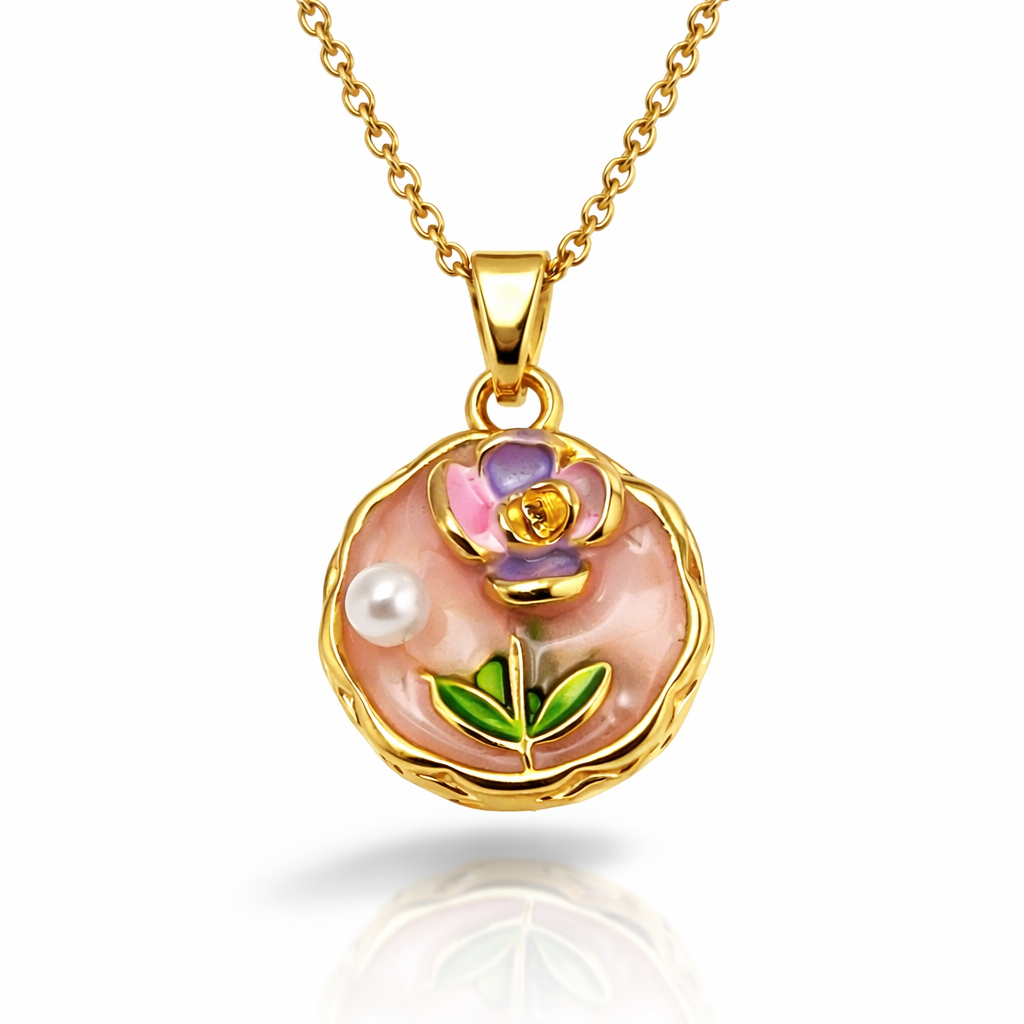 Floral Pearl Enamel Gold Pendant Chain