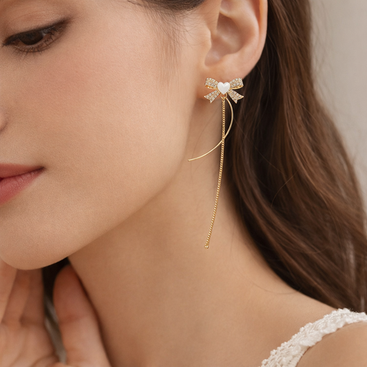 Heart Bow Pearl Drop Gold Earrings