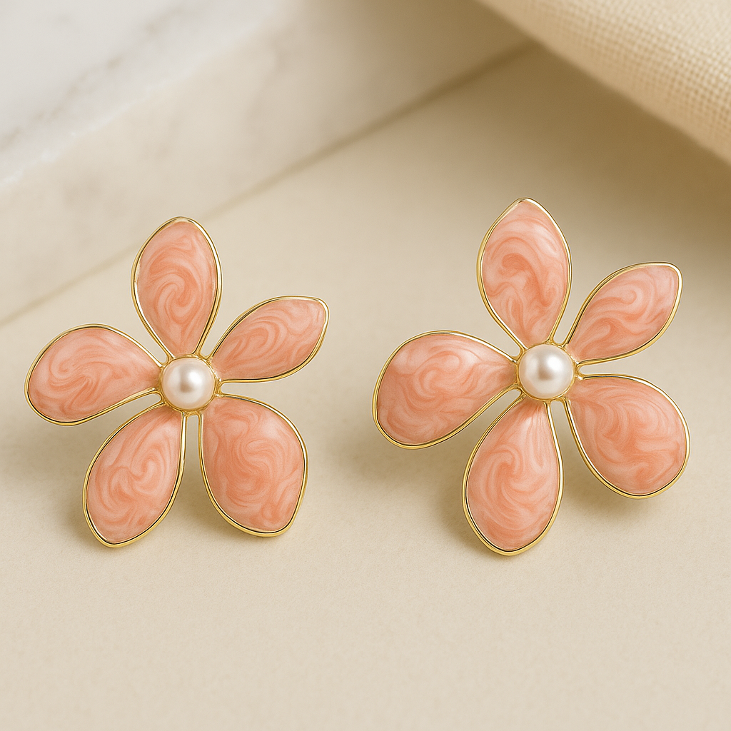 Jinam Peach Swirl Enamel Floral Stud Earrings with Pearl Center, gold-tone metal, detailed flower design, and pearl accents.