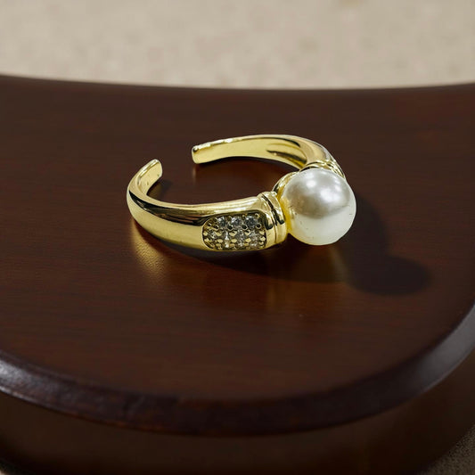 Gold-Plated Adjustable Pearl & Crystal Ring