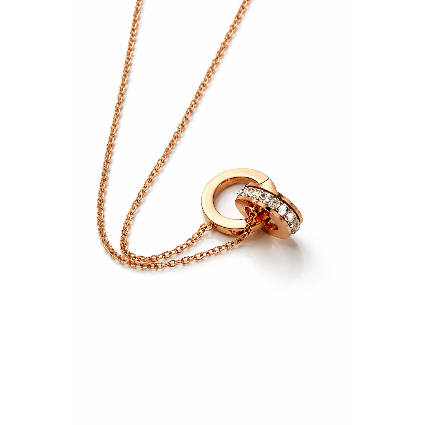 Rose Gold Interlocked Circle Pendant Necklace with Roman Numerals & CZ Stones