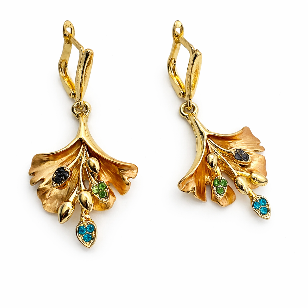 Golden Leaf Blossom Pendant & Earrings Set with Multicolor Stones