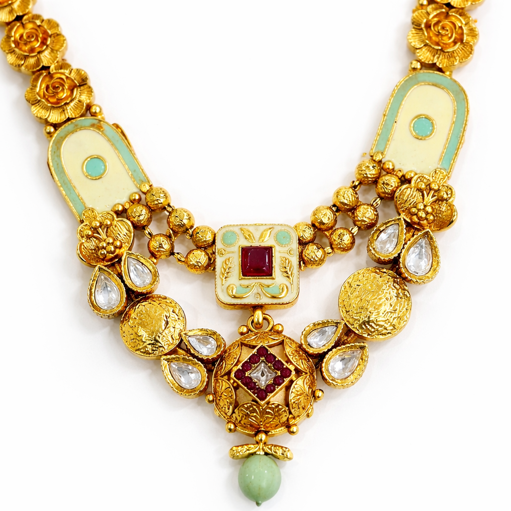 Royal Kundan Antique Gold Necklace Set with Green Beads & Matching Earrings