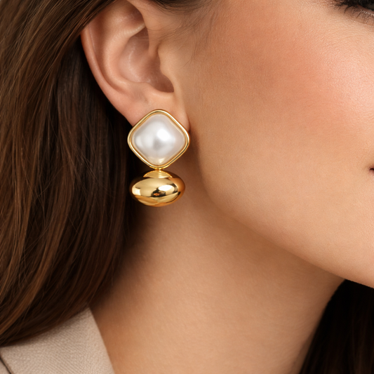 Cushion Pearl & Gold Drop Stud Earrings