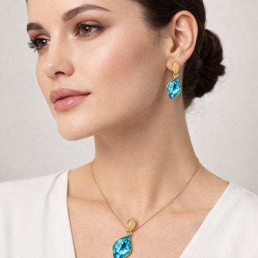 Aqua Blue Crystal Pendant & Earrings Set