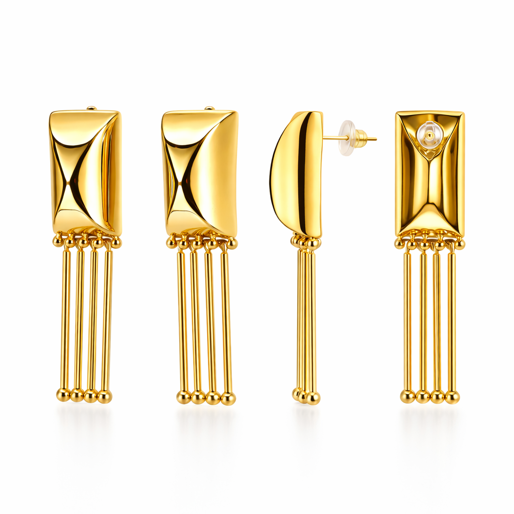 Gold Quilted Rectangle Tassel Bar Earrings with Ball-Tip Rod Drops