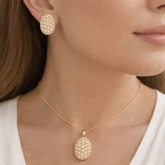 Gold Plated Oval Pearl Pendant Set with Stud Earrings