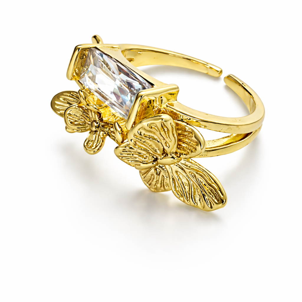 Butterfly Garden Statement Ring with Rectangle Crystal - Adjustable Gold Finish