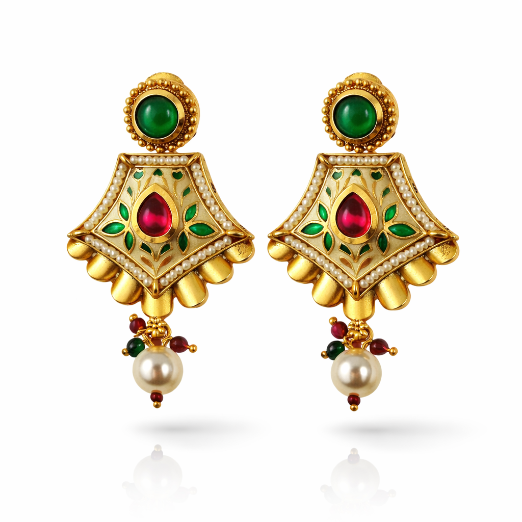 Jinam Meenakari Pearl Kundan imitation necklace set with intricate design and elegant pearl accents on a display.