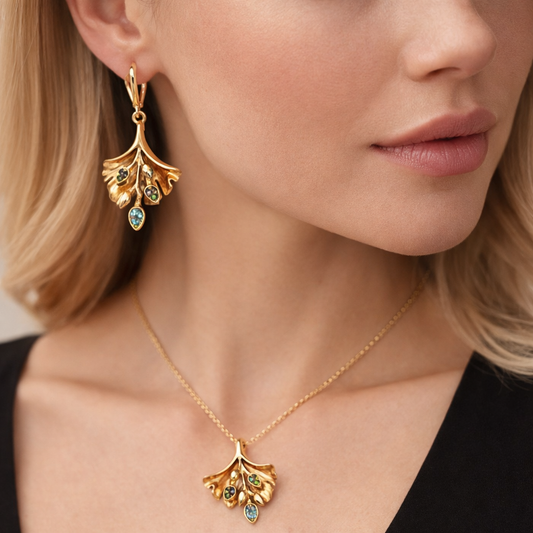 Golden Leaf Blossom Pendant & Earrings Set with Multicolor Stones