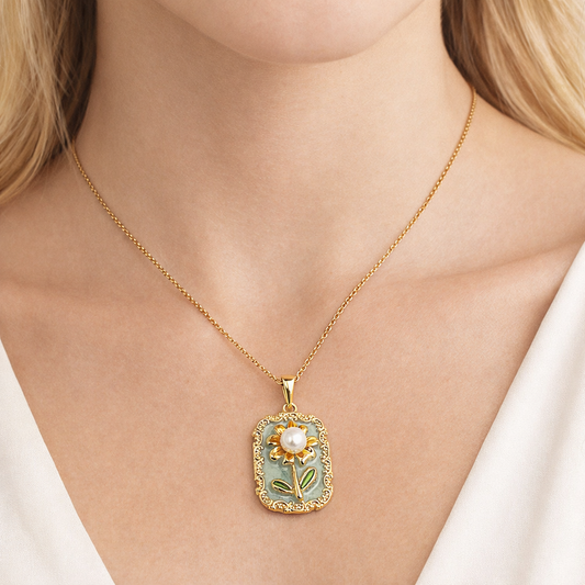 Vintage Pearl Sunflower Enamel Chain Pendant