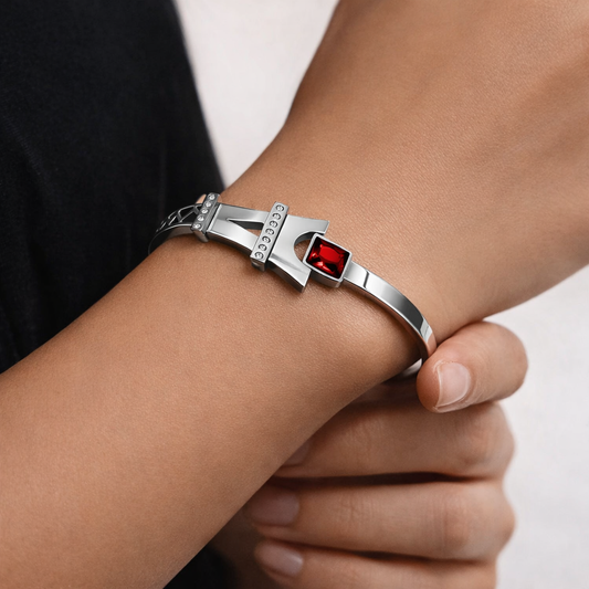 Eiffel Crest Silver Bracelet with Ruby-Red Stone