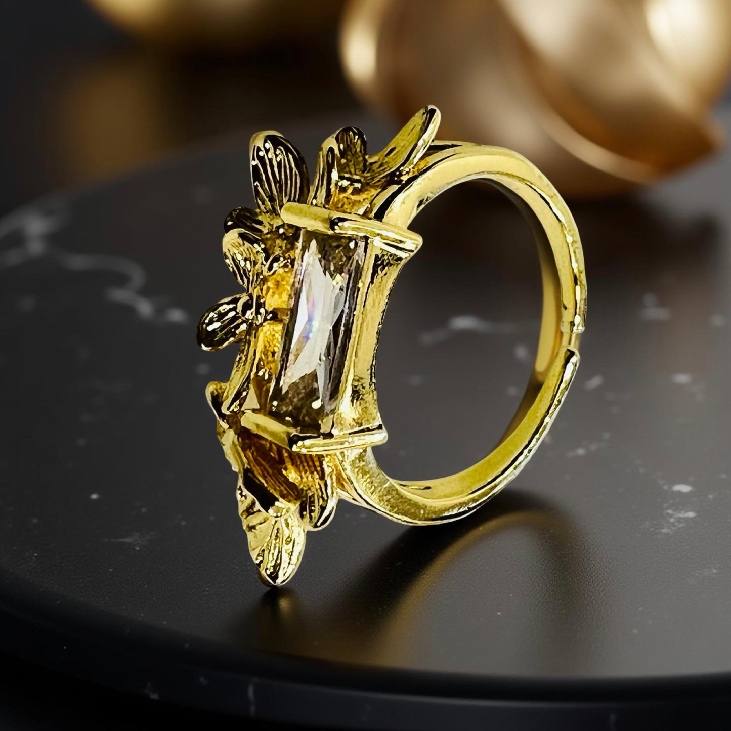 Butterfly Garden Statement Ring with Rectangle Crystal - Adjustable Gold Finish