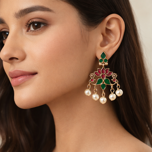 Jinam floral enamel earrings with pearl drop accents, featuring colorful flower designs and dangling pearl details.