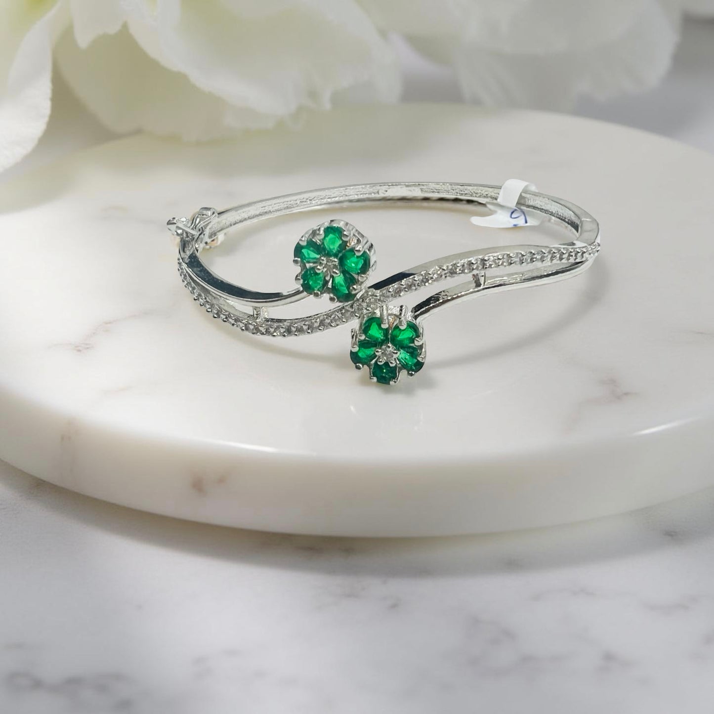 Silver-Plated Emerald Floral Bracelet