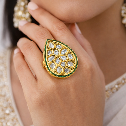 Teardrop Polki Ring in Antique Gold Finish