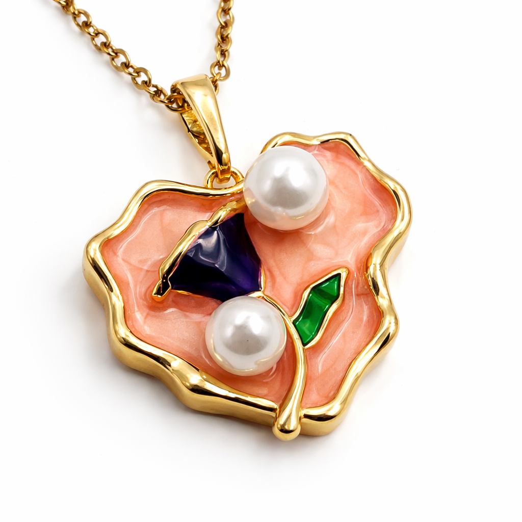 Peach Enamel Pearl Abstract Chain Pendant
