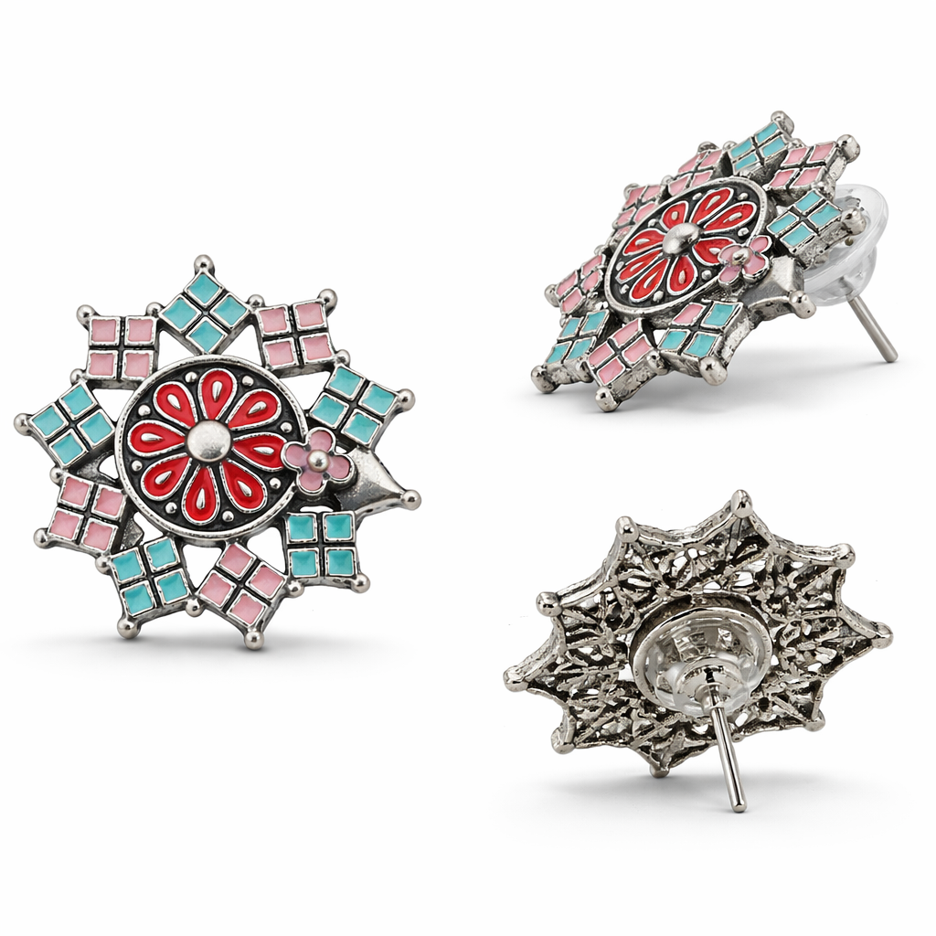 Oxidised Silver Meenakari Mandala Stud Earrings in Teal, Pink & Red Enamel