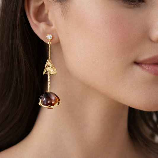 Amber Floral Gold Drop Earrings with Crystal Stud