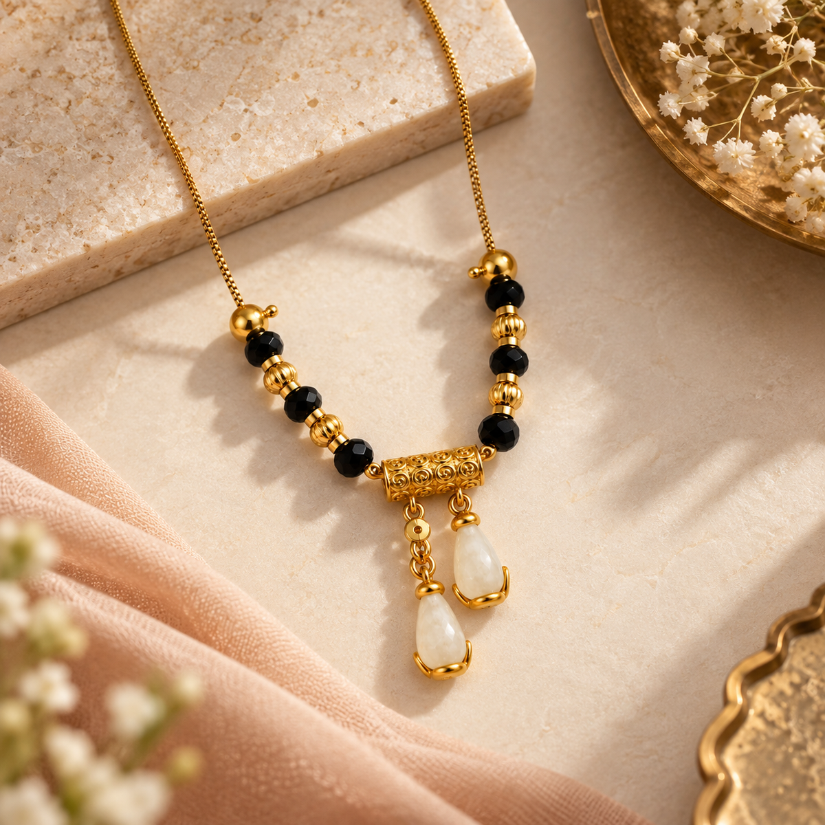 Black Beaded Gold-Tone Drop Mangalsutra