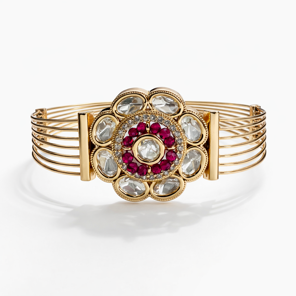 Rose gold Ruby Kundan adjustable bracelet with intricate design and gemstone accents, by Jinam.