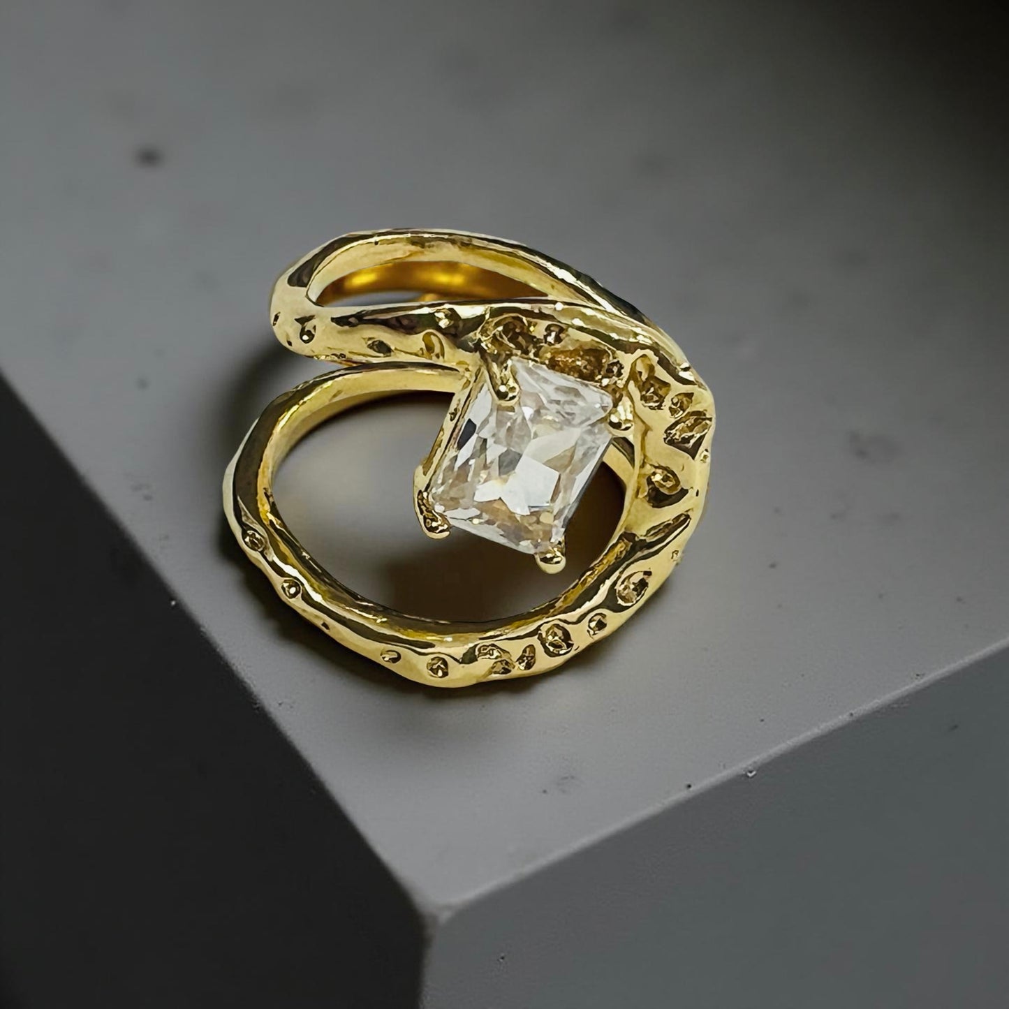 Radiant Twirl Solitaire Ring – Adjustable Gold Finish