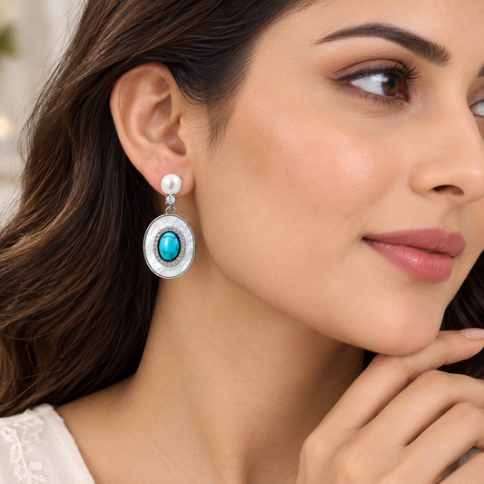Turquoise Oval Drop Earrings - Silver