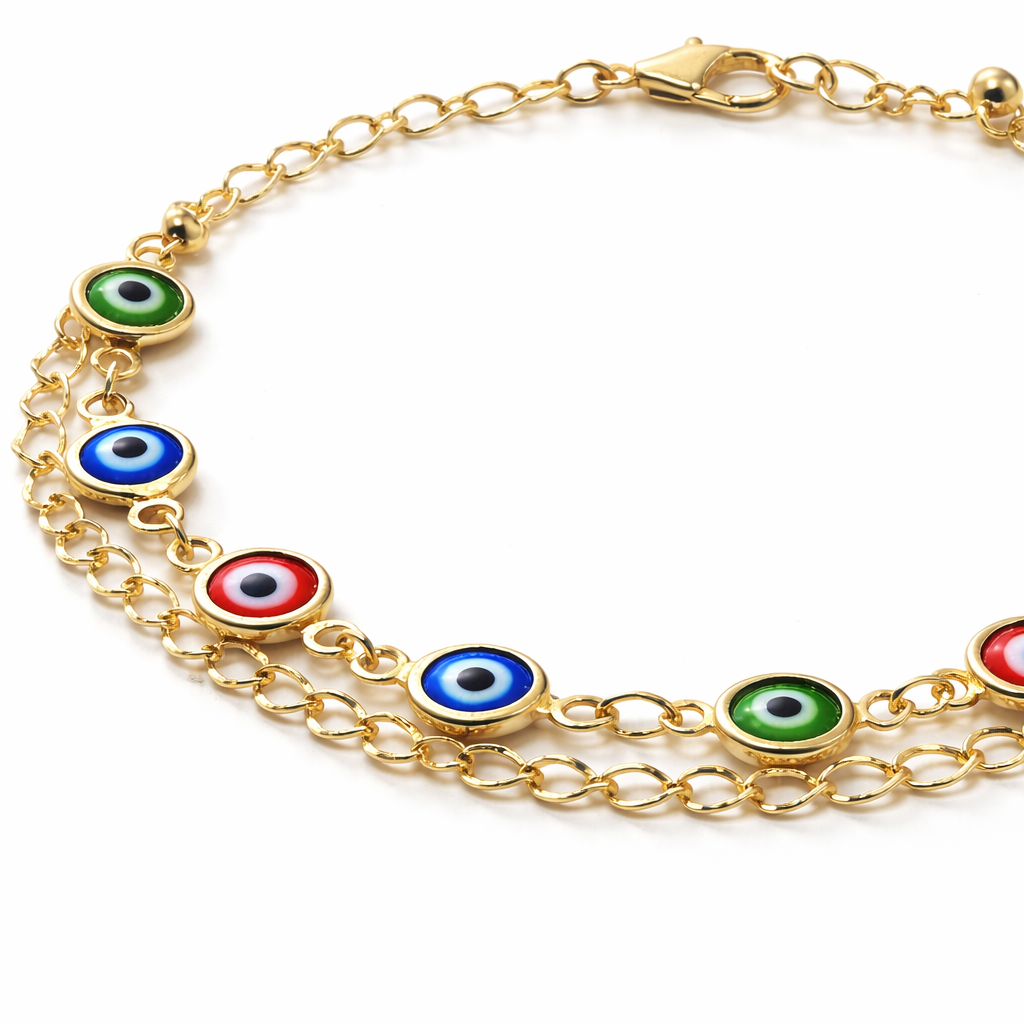 Multicolor evil eye charm chain bracelet by Jinam featuring vibrant beads and protective eye symbols.