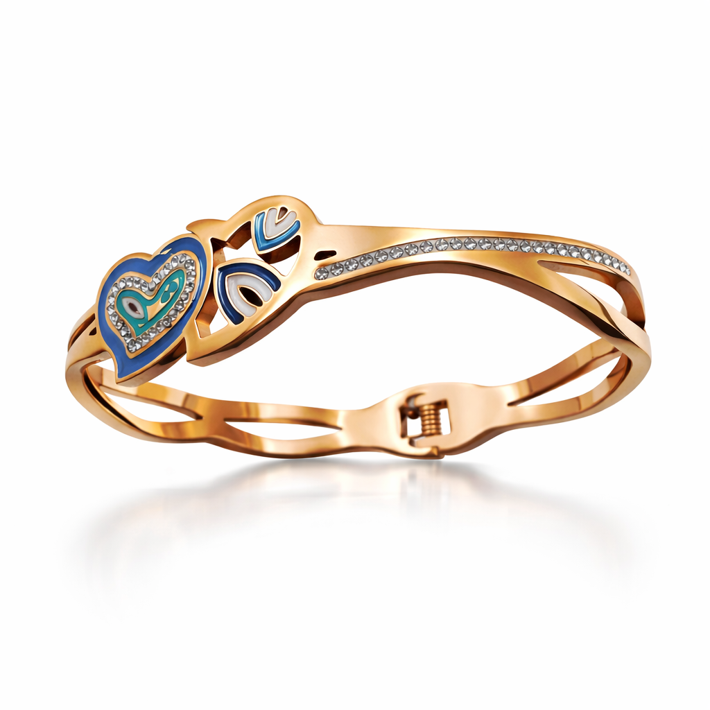 Rose Gold Heart & Paisley Enamel Bracelet with Crystal Accents