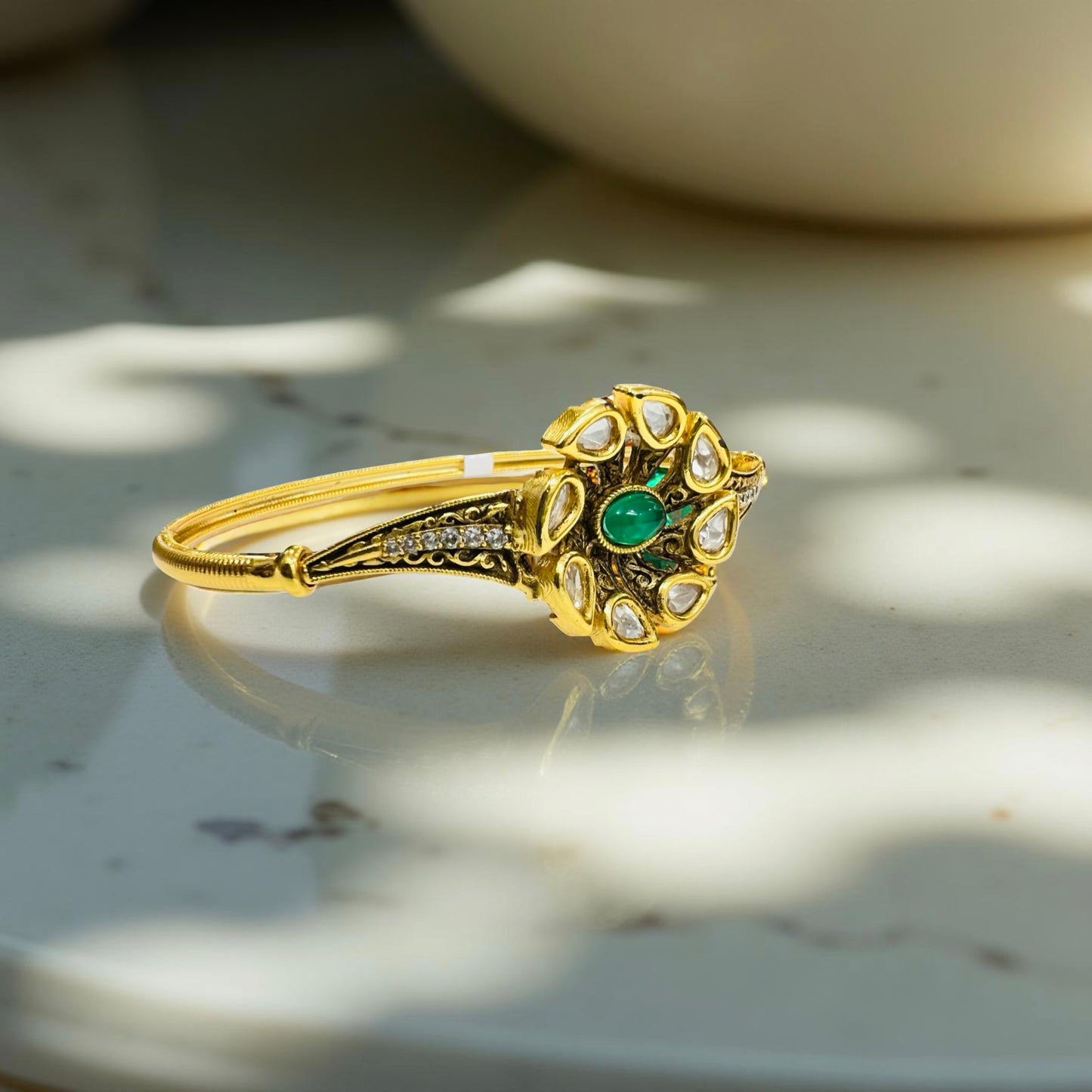 Antique Gold-Plated Kundan & Emerald-Style Statement Bracelet