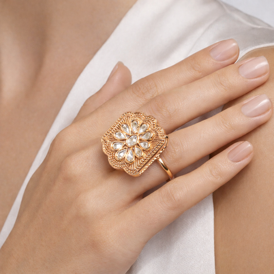 Heritage Polki Square Ring in Antique Gold Finish