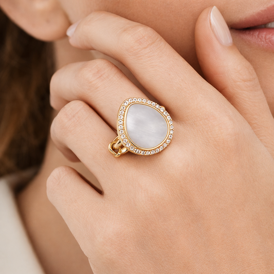 Classic Pearl Teardrop Ring with Diamond-Accented Border